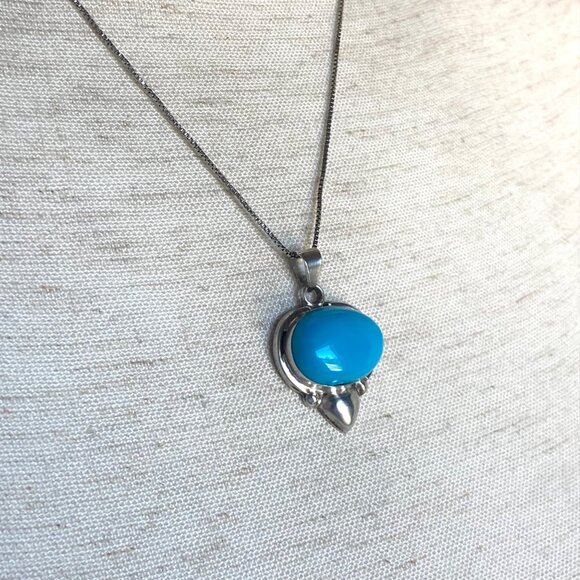 VTG Sterling Silver 925 Taxco Mexico Turquoise Cabochon Pendant Necklace 18" - Picture 5 of 16